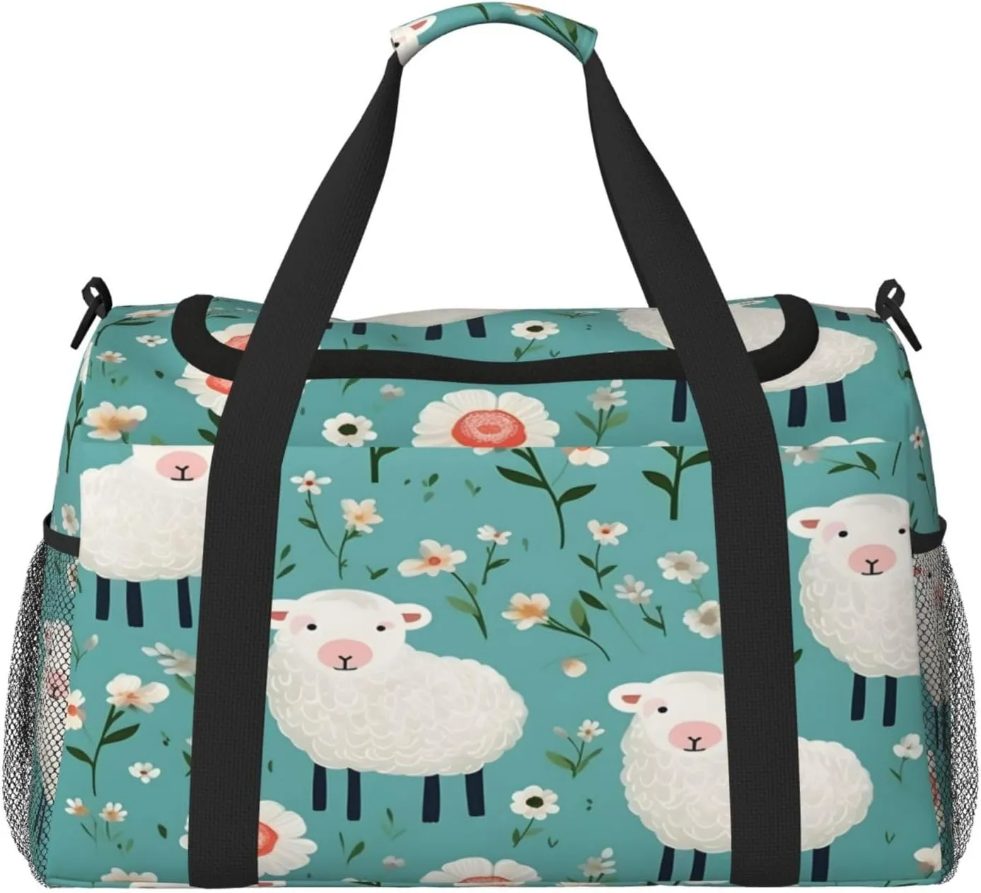 Travel Duffel Bag For Men Women, Cute Cartoon Sheep Flowers Carry On Sport Gym Bag With Shoulder Strap Lightweight Waterproof Weekender Bag Overnight Bag