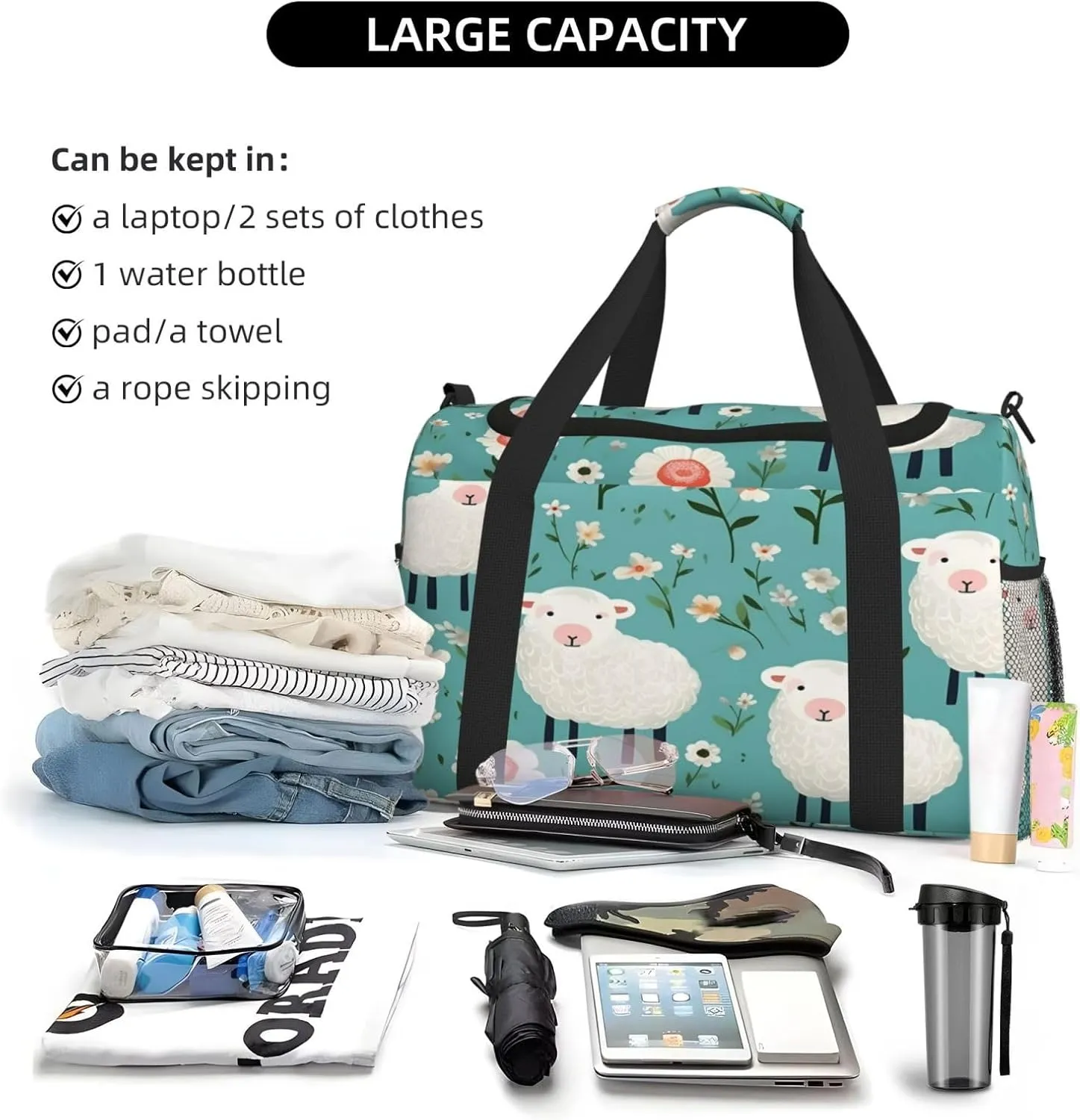 Travel Duffel Bag For Men Women, Cute Cartoon Sheep Flowers Carry On Sport Gym Bag With Shoulder Strap Lightweight Waterproof Weekender Bag Overnight Bag
