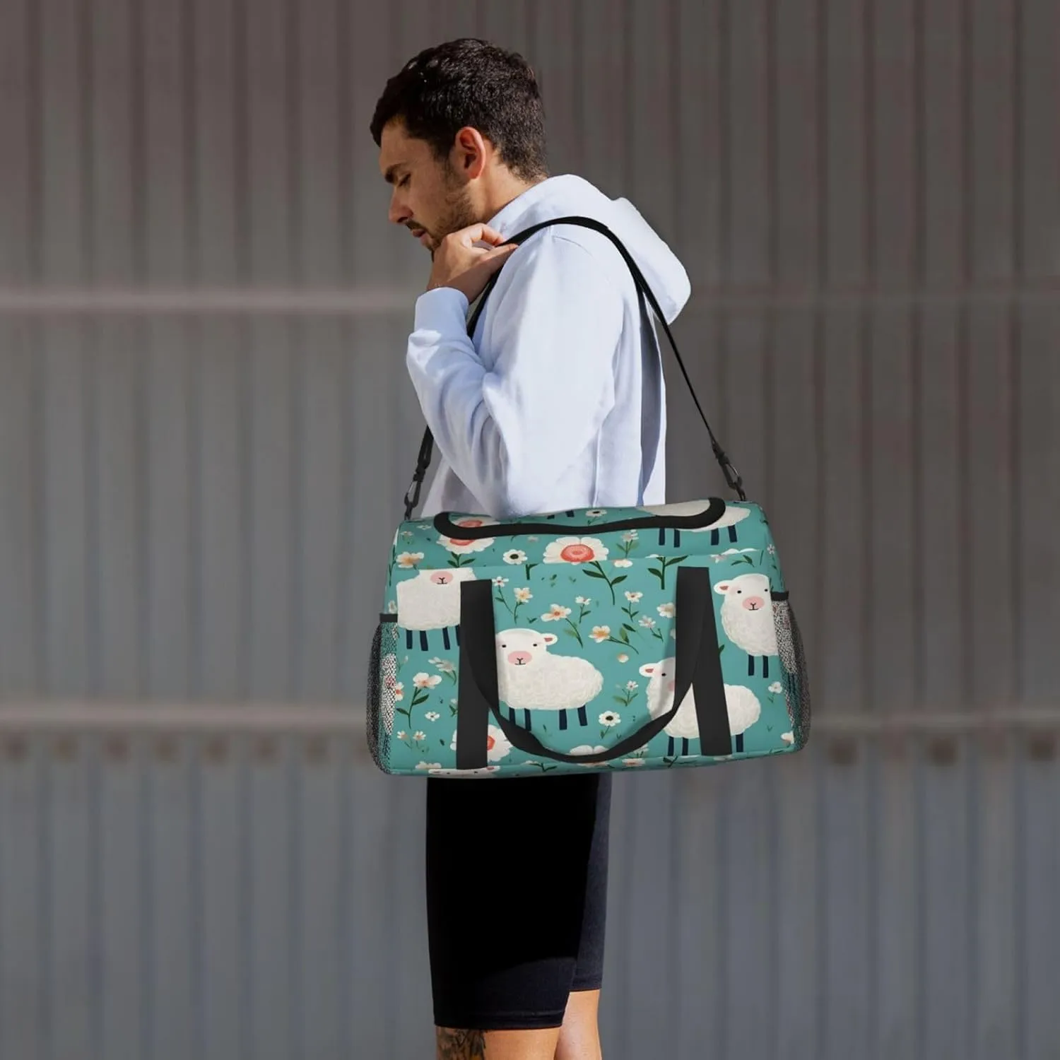 Travel Duffel Bag For Men Women, Cute Cartoon Sheep Flowers Carry On Sport Gym Bag With Shoulder Strap Lightweight Waterproof Weekender Bag Overnight Bag