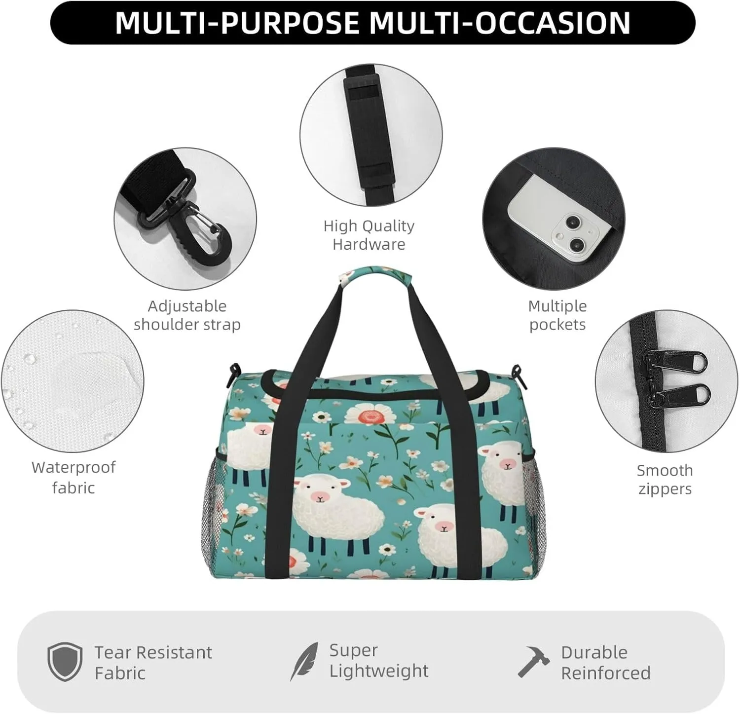 Travel Duffel Bag For Men Women, Cute Cartoon Sheep Flowers Carry On Sport Gym Bag With Shoulder Strap Lightweight Waterproof Weekender Bag Overnight Bag
