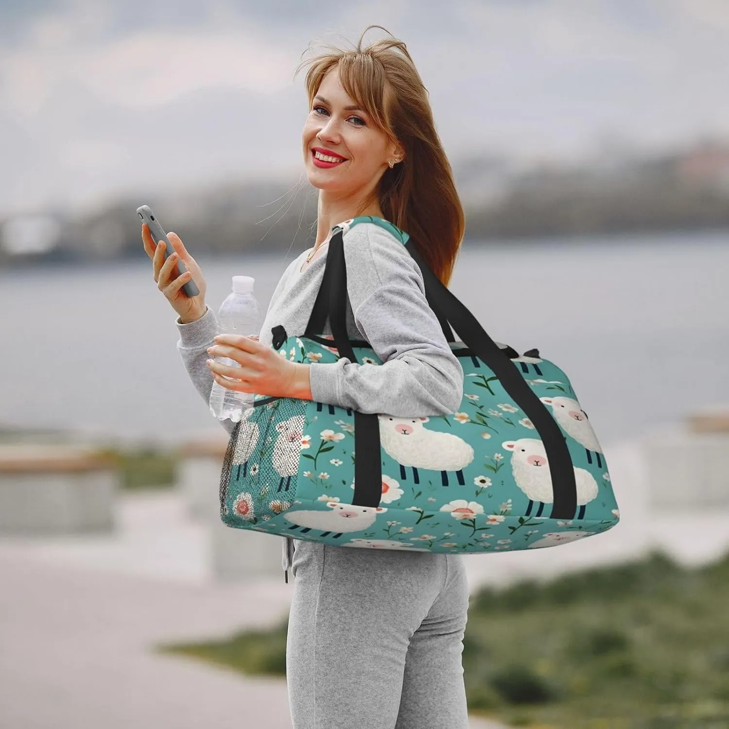 Travel Duffel Bag For Men Women, Cute Cartoon Sheep Flowers Carry On Sport Gym Bag With Shoulder Strap Lightweight Waterproof Weekender Bag Overnight Bag