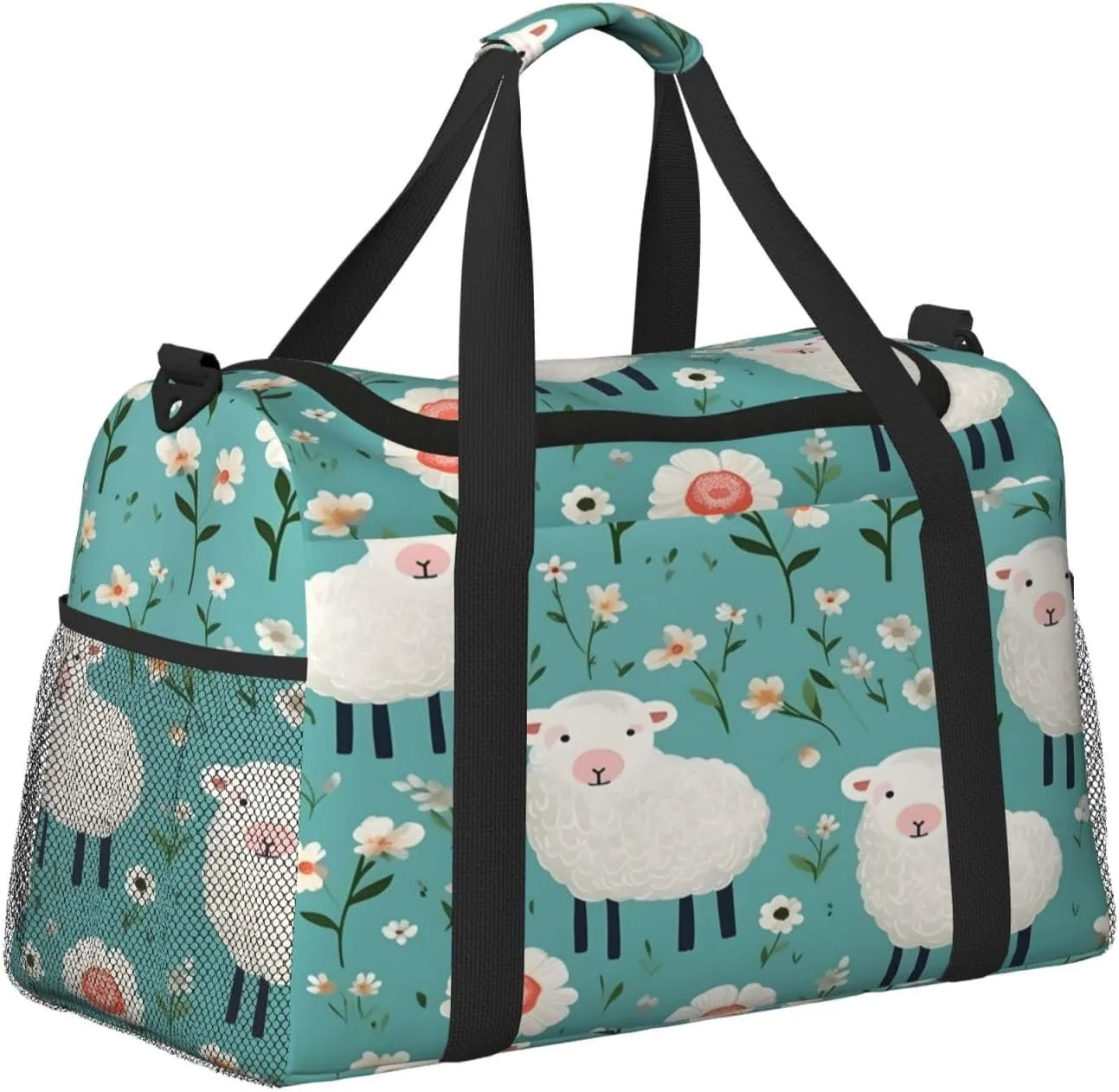 Travel Duffel Bag For Men Women, Cute Cartoon Sheep Flowers Carry On Sport Gym Bag With Shoulder Strap Lightweight Waterproof Weekender Bag Overnight Bag