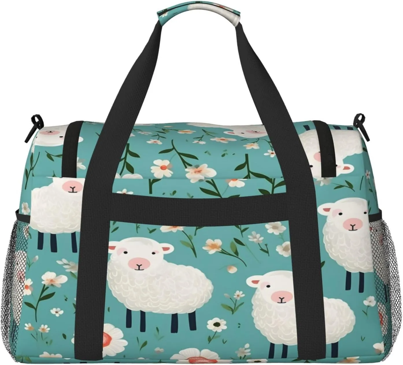 Travel Duffel Bag For Men Women, Cute Cartoon Sheep Flowers Carry On Sport Gym Bag With Shoulder Strap Lightweight Waterproof Weekender Bag Overnight Bag