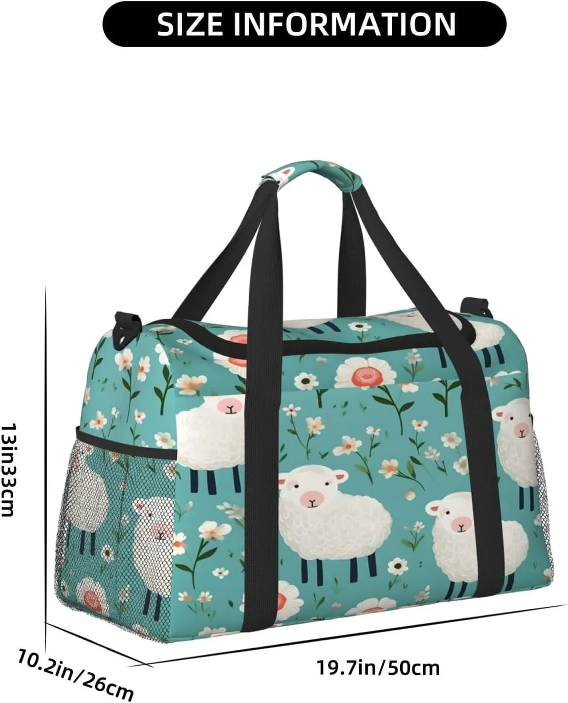 Travel Duffel Bag For Men Women, Cute Cartoon Sheep Flowers Carry On Sport Gym Bag With Shoulder Strap Lightweight Waterproof Weekender Bag Overnight Bag