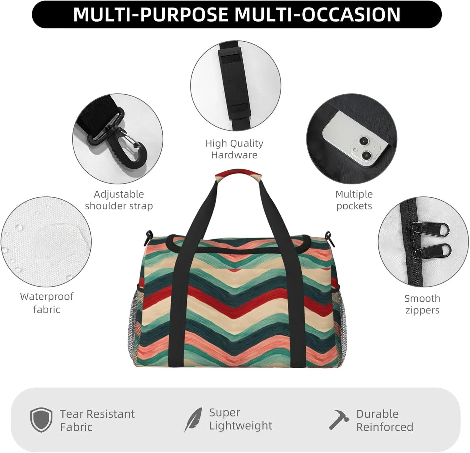 Travel Duffel Bag For Men Women, Red Green Zigzag Stripe Carry On Sport Gym Bag With Shoulder Strap Lightweight Waterproof Weekender Bag Overnight Bag