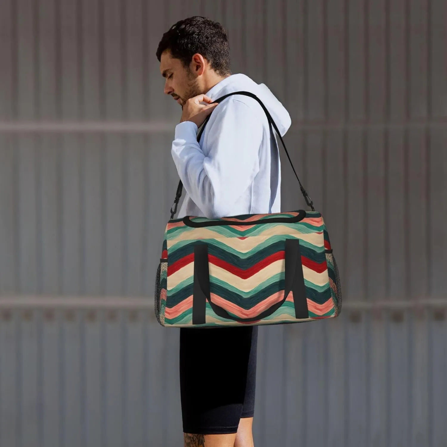 Travel Duffel Bag For Men Women, Red Green Zigzag Stripe Carry On Sport Gym Bag With Shoulder Strap Lightweight Waterproof Weekender Bag Overnight Bag