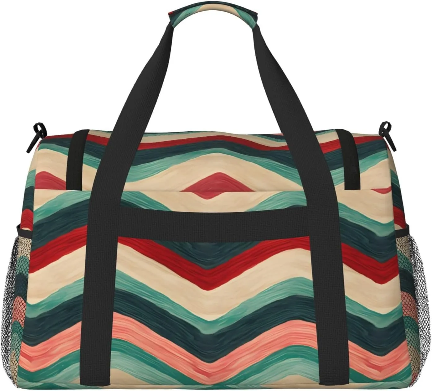 Travel Duffel Bag For Men Women, Red Green Zigzag Stripe Carry On Sport Gym Bag With Shoulder Strap Lightweight Waterproof Weekender Bag Overnight Bag