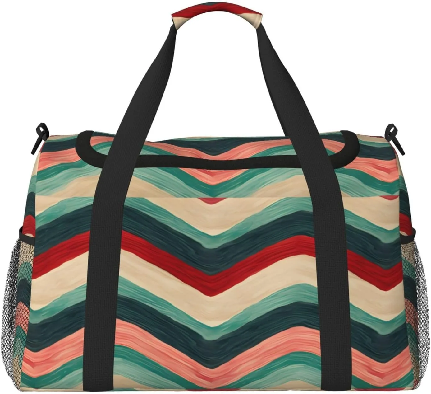 Travel Duffel Bag For Men Women, Red Green Zigzag Stripe Carry On Sport Gym Bag With Shoulder Strap Lightweight Waterproof Weekender Bag Overnight Bag