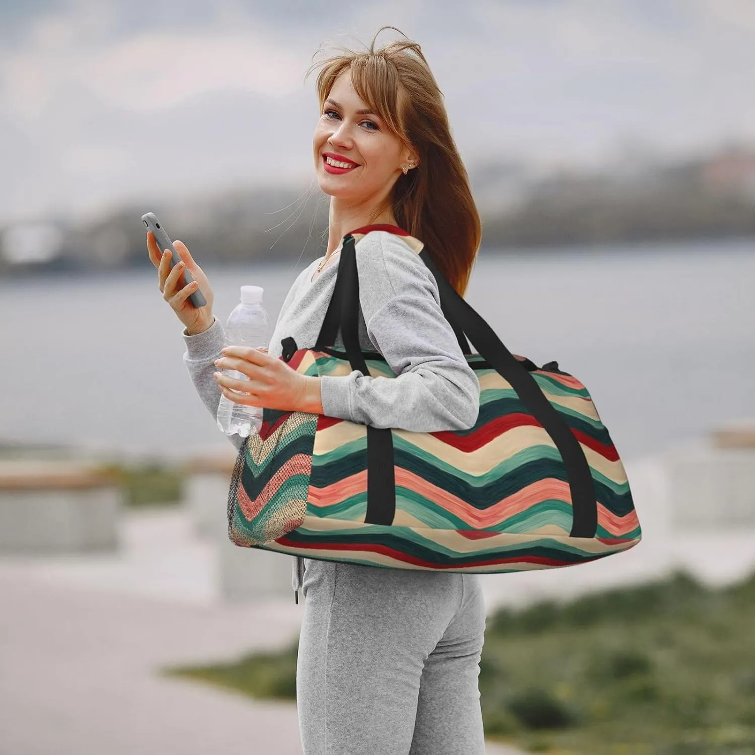 Travel Duffel Bag For Men Women, Red Green Zigzag Stripe Carry On Sport Gym Bag With Shoulder Strap Lightweight Waterproof Weekender Bag Overnight Bag