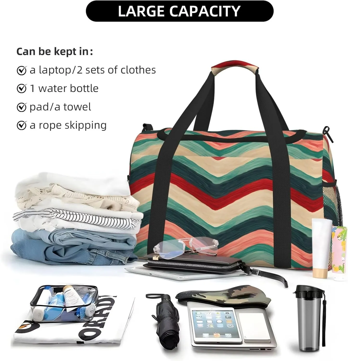 Travel Duffel Bag For Men Women, Red Green Zigzag Stripe Carry On Sport Gym Bag With Shoulder Strap Lightweight Waterproof Weekender Bag Overnight Bag