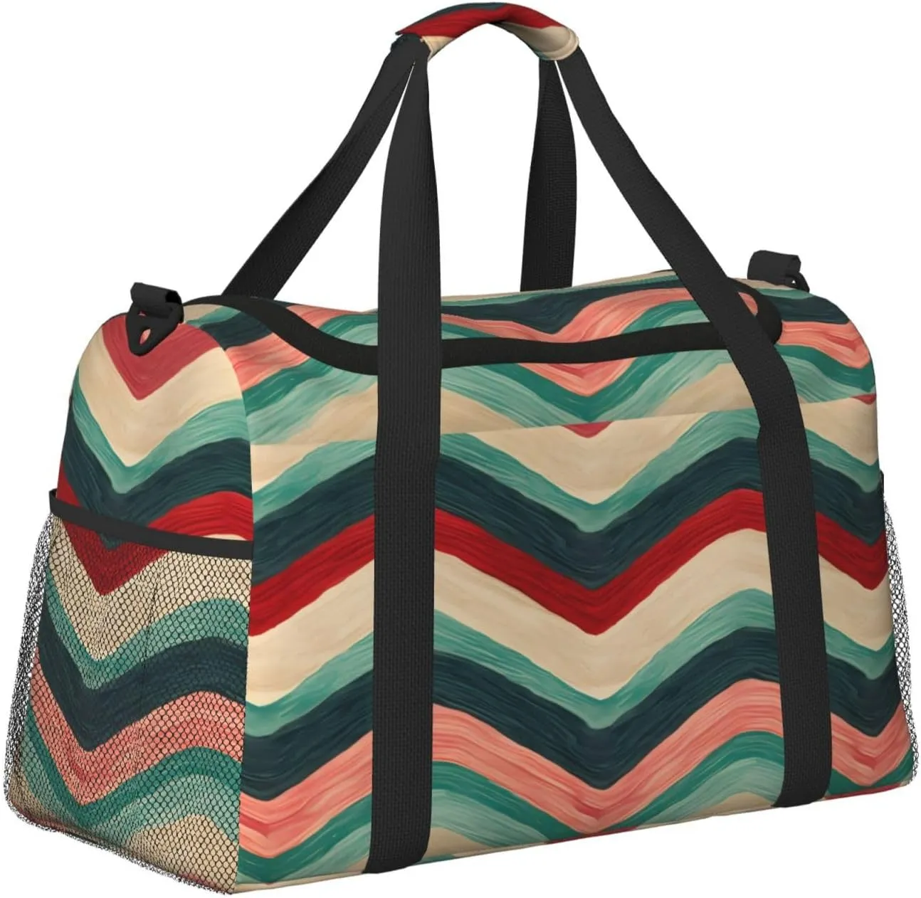 Travel Duffel Bag For Men Women, Red Green Zigzag Stripe Carry On Sport Gym Bag With Shoulder Strap Lightweight Waterproof Weekender Bag Overnight Bag