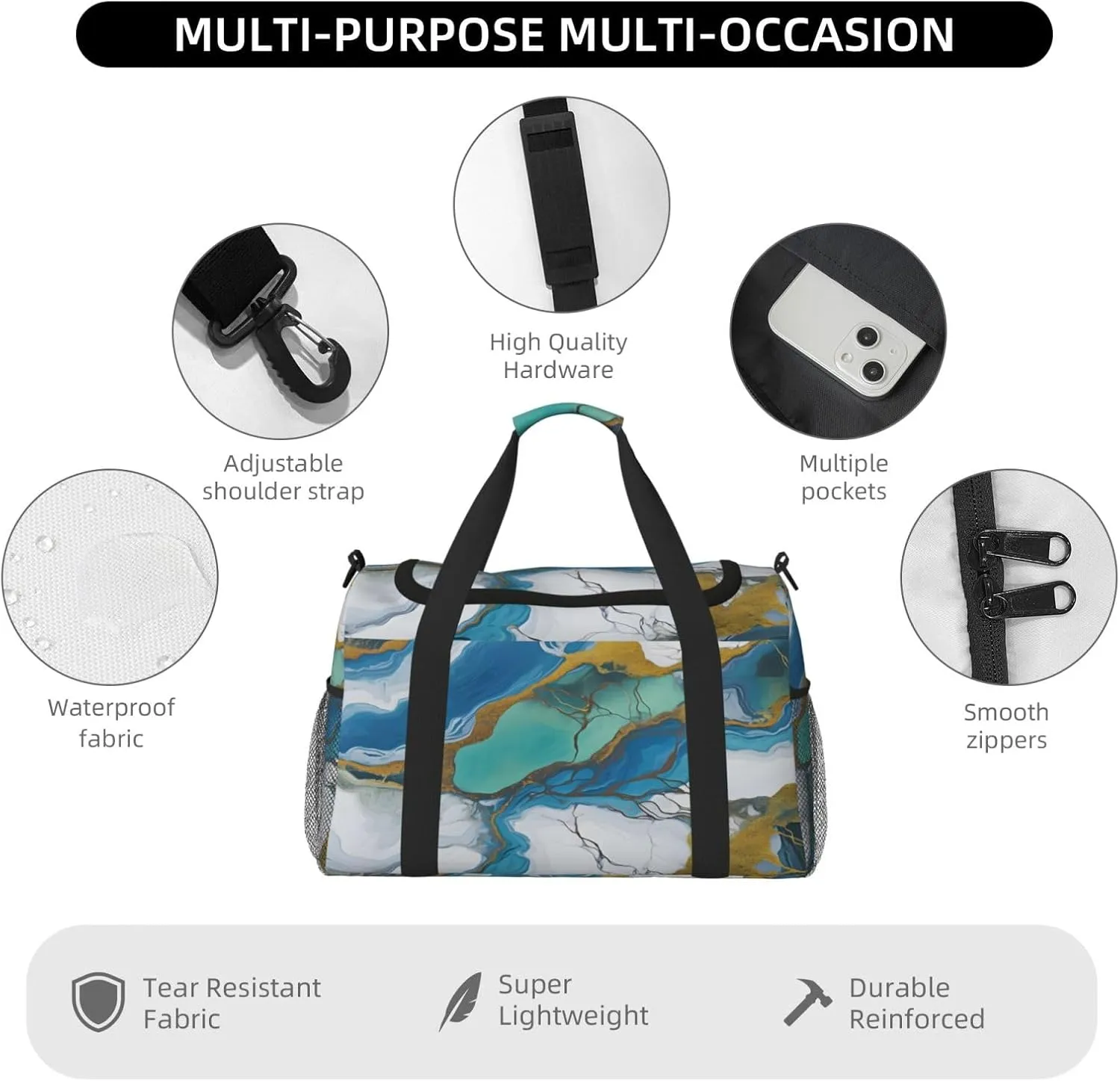 Travel Duffel Bag For Men Women, Teal Blue Marbling Txture Carry On Sport Gym Bag With Shoulder Strap Lightweight Waterproof Weekender Bag Overnight Bag