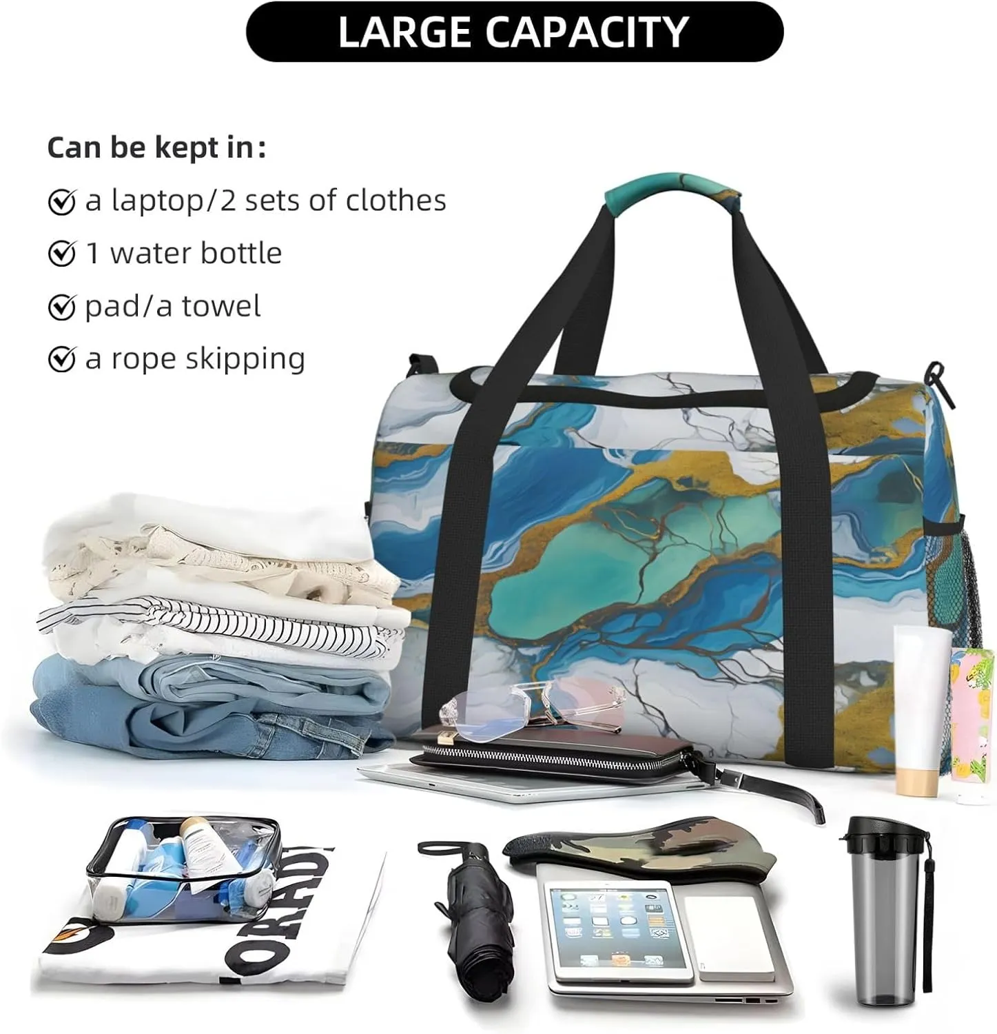 Travel Duffel Bag For Men Women, Teal Blue Marbling Txture Carry On Sport Gym Bag With Shoulder Strap Lightweight Waterproof Weekender Bag Overnight Bag
