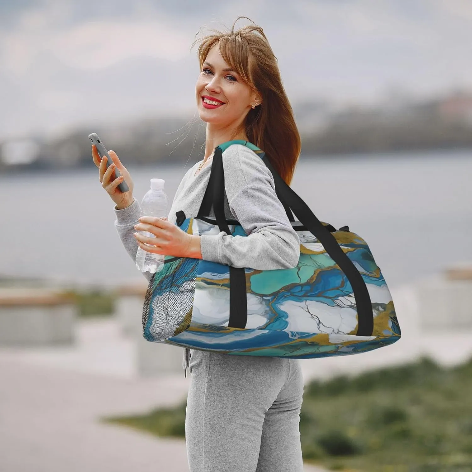 Travel Duffel Bag For Men Women, Teal Blue Marbling Txture Carry On Sport Gym Bag With Shoulder Strap Lightweight Waterproof Weekender Bag Overnight Bag