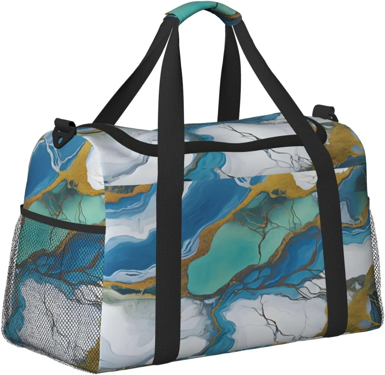 Travel Duffel Bag For Men Women, Teal Blue Marbling Txture Carry On Sport Gym Bag With Shoulder Strap Lightweight Waterproof Weekender Bag Overnight Bag
