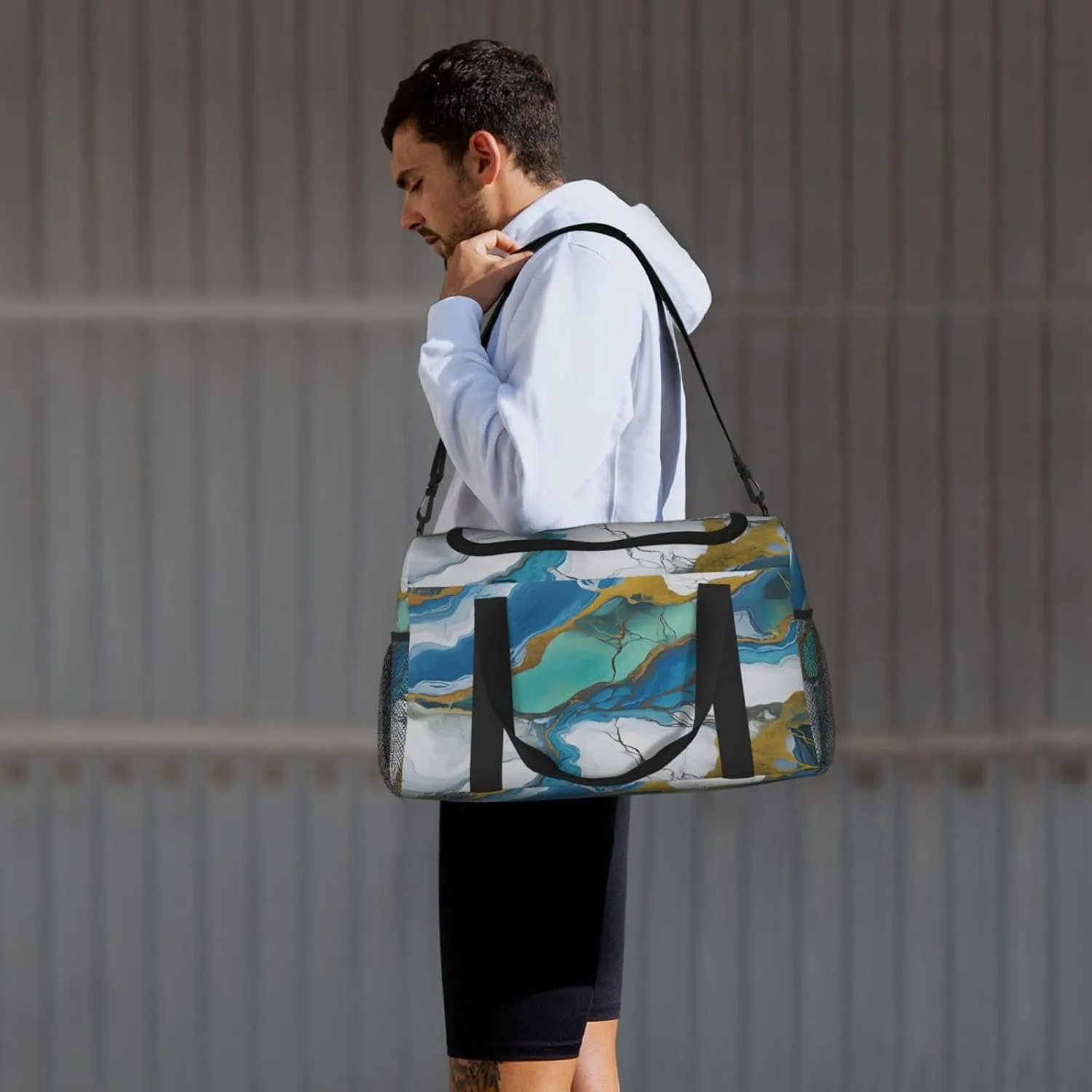 Travel Duffel Bag For Men Women, Teal Blue Marbling Txture Carry On Sport Gym Bag With Shoulder Strap Lightweight Waterproof Weekender Bag Overnight Bag