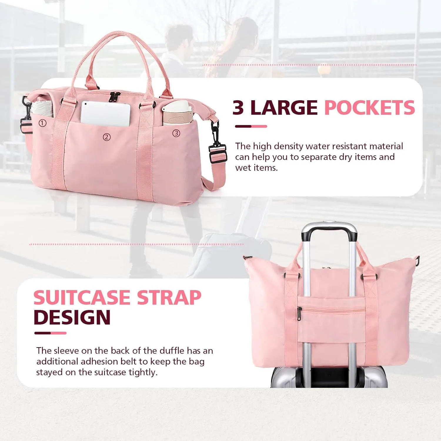 Travel Duffel Weekender Carry On Tote for Women and Men - Waterproof Gym Bag, Hospital Bag for Labor and Delivery, Overnight Luggage with Trolley Sleeve