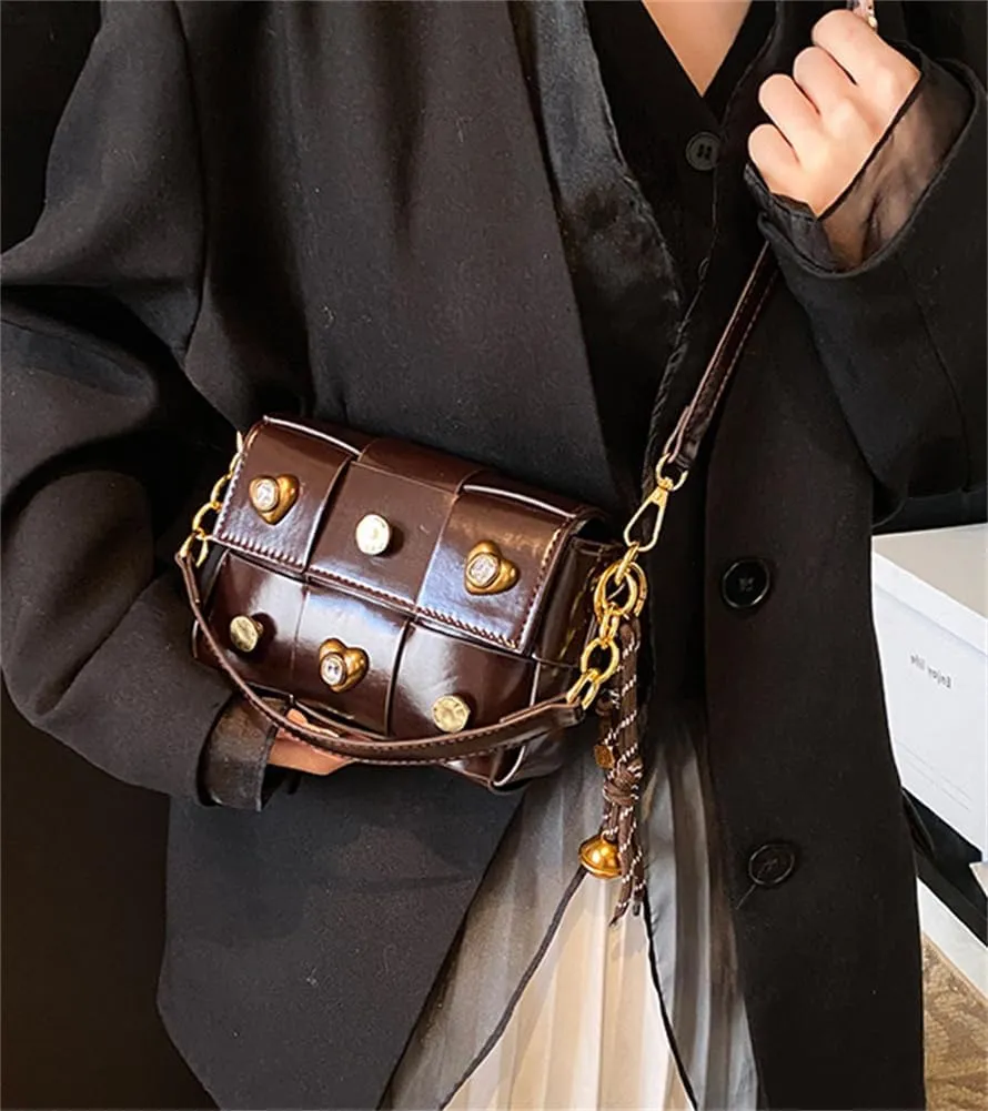 Trendy Rivet Crossbody Bag Small Patchwork Shoulder Purse PU Leather Tote Handbag Dating Travel Work