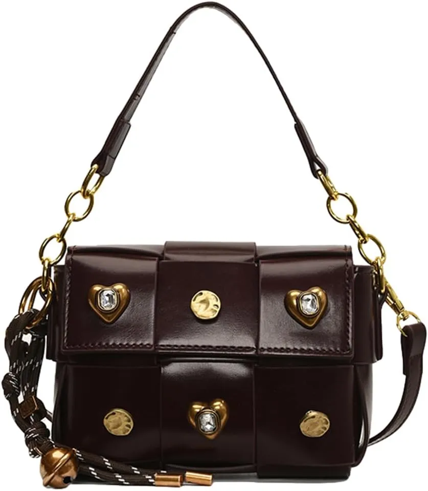 Trendy Rivet Crossbody Bag Small Patchwork Shoulder Purse PU Leather Tote Handbag Dating Travel Work
