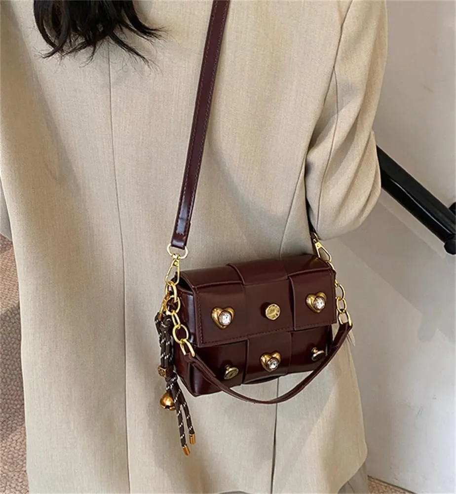 Trendy Rivet Crossbody Bag Small Patchwork Shoulder Purse PU Leather Tote Handbag Dating Travel Work
