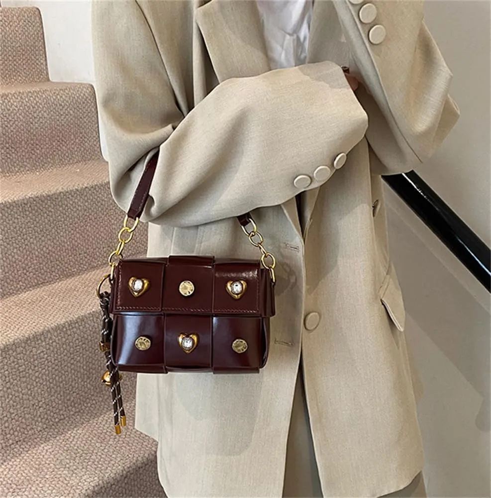 Trendy Rivet Crossbody Bag Small Patchwork Shoulder Purse PU Leather Tote Handbag Dating Travel Work