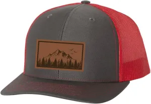 Trenz Shirt Company Mountain Scene Tamarak Pine Forest Laser Engraved Leather Patch Mesh Back Trucker Ha