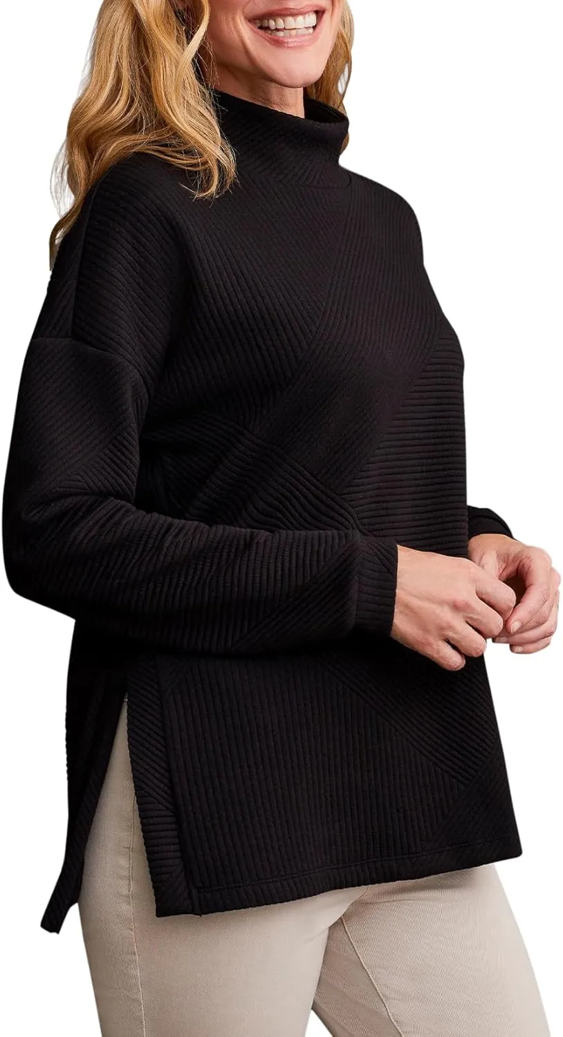 Tribal Women's Mock Neck Long Sleeve Quilted Knit Tunic with Side Slits