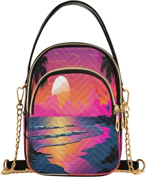 Tropical Beach Sunset with Vegetation Womens Crossbody Shoulder Bag, Three Zipper Crossbody Bags for Women