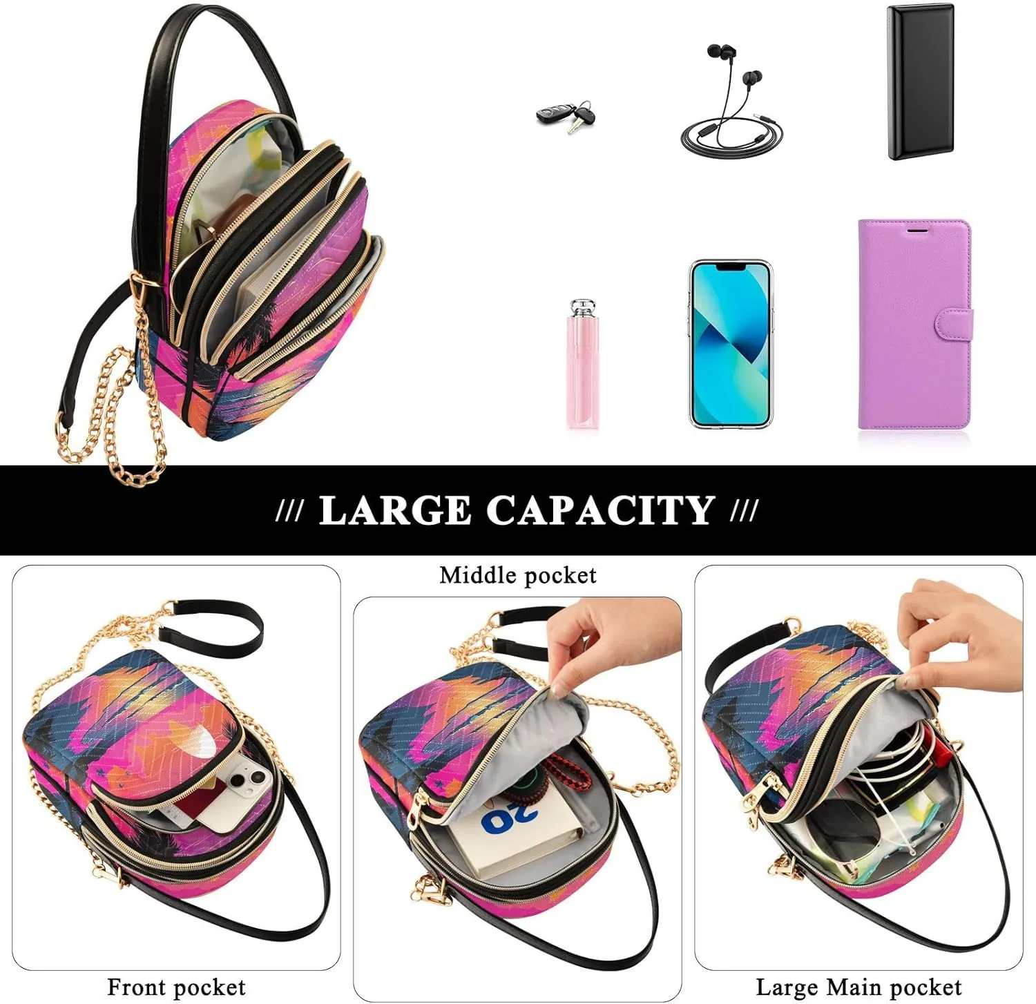 Tropical Beach Sunset with Vegetation Womens Crossbody Shoulder Bag, Three Zipper Crossbody Bags for Women