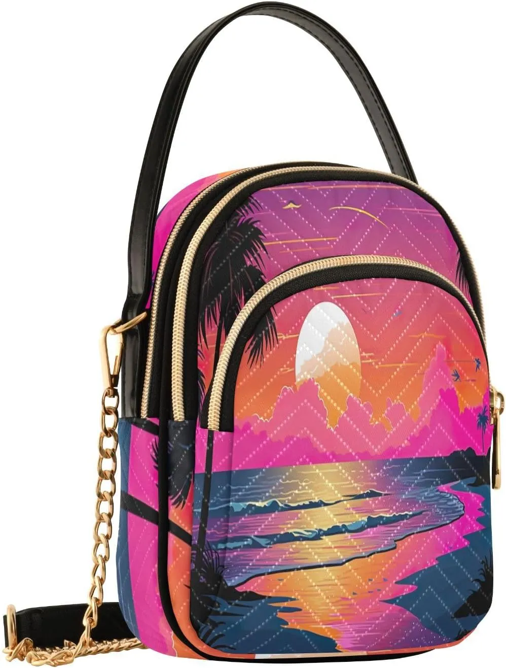 Tropical Beach Sunset with Vegetation Womens Crossbody Shoulder Bag, Three Zipper Crossbody Bags for Women