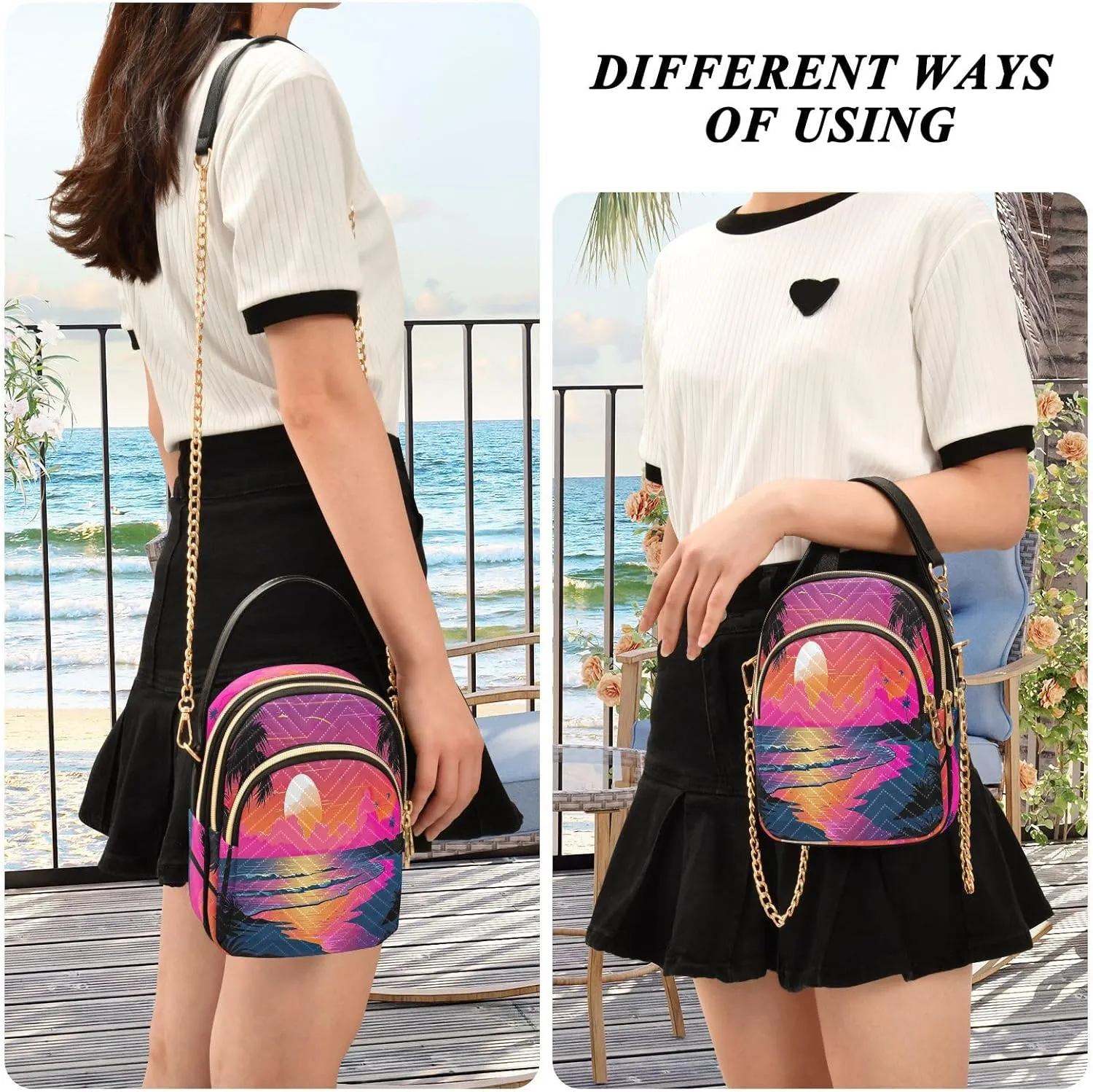 Tropical Beach Sunset with Vegetation Womens Crossbody Shoulder Bag, Three Zipper Crossbody Bags for Women