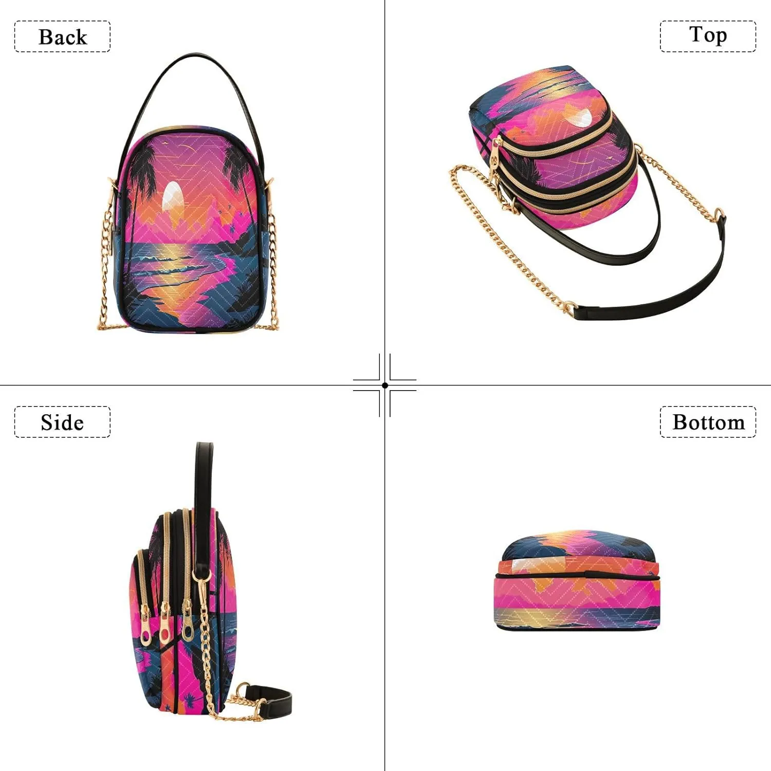 Tropical Beach Sunset with Vegetation Womens Crossbody Shoulder Bag, Three Zipper Crossbody Bags for Women