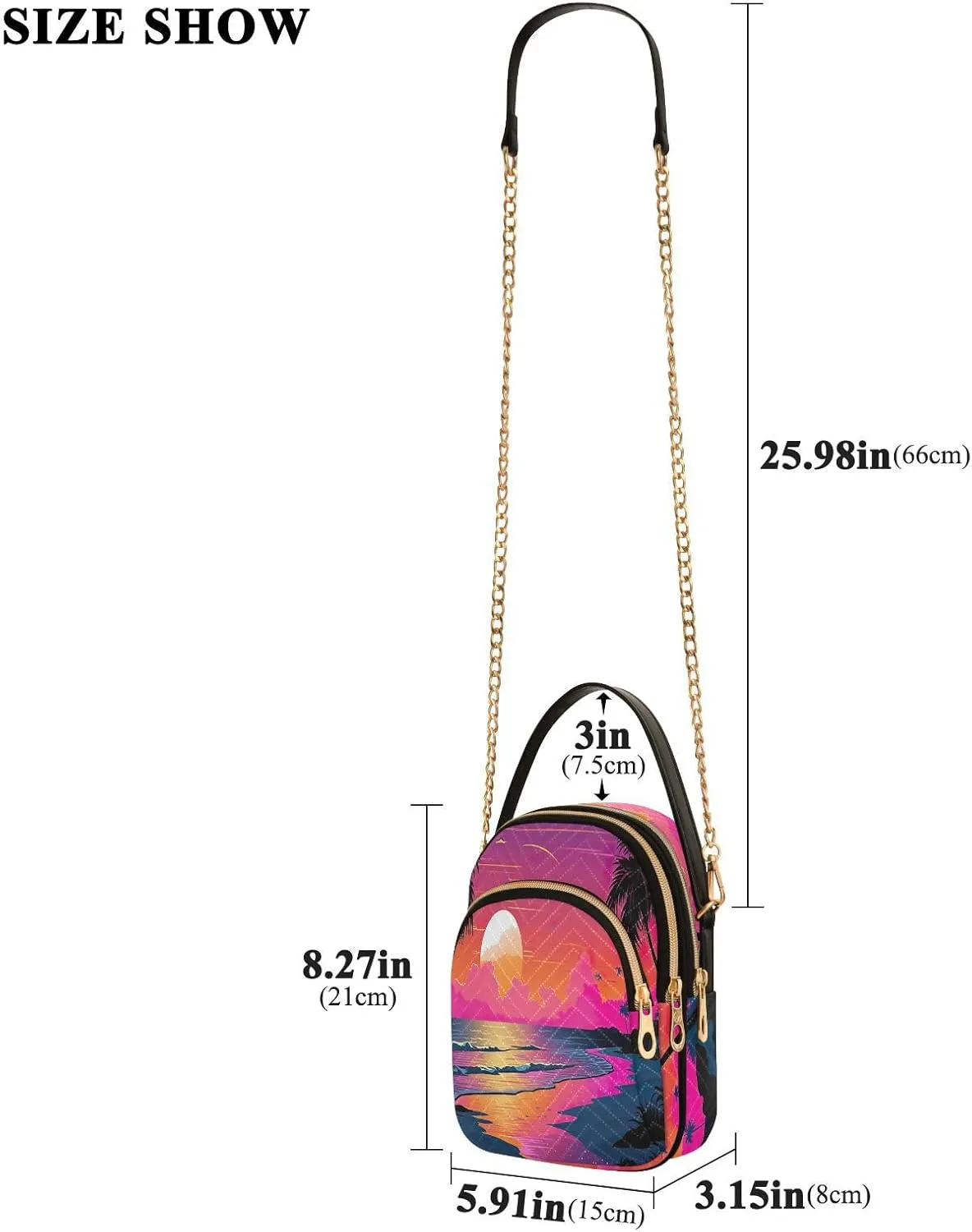 Tropical Beach Sunset with Vegetation Womens Crossbody Shoulder Bag, Three Zipper Crossbody Bags for Women