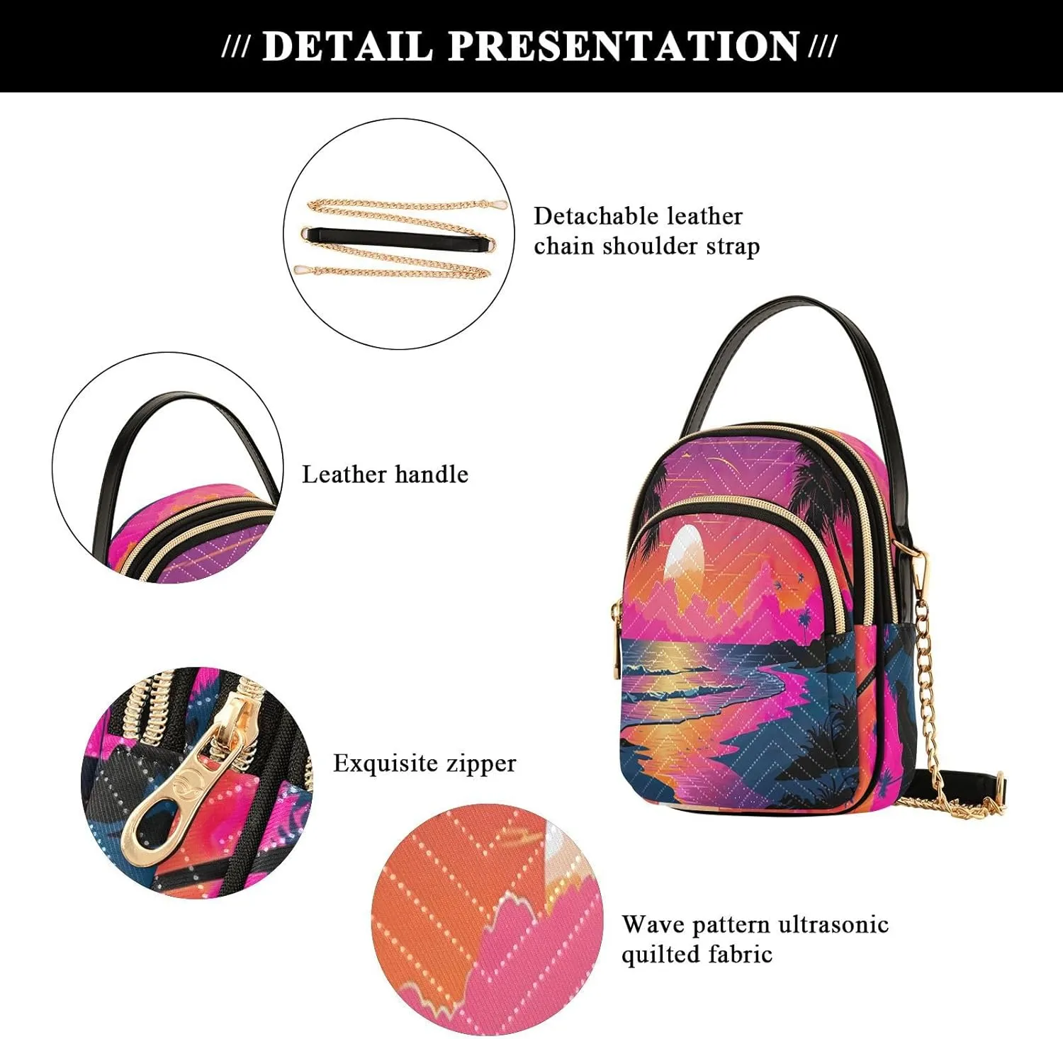 Tropical Beach Sunset with Vegetation Womens Crossbody Shoulder Bag, Three Zipper Crossbody Bags for Women