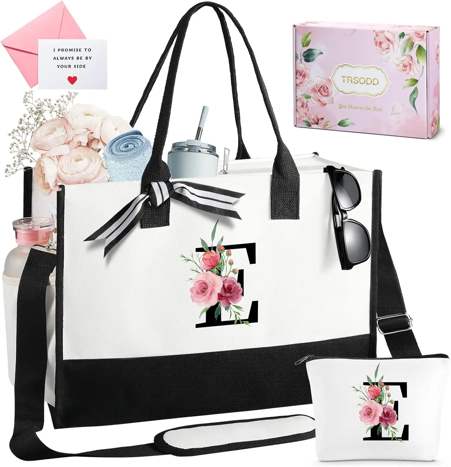 TRSODD Birthday Gifts for Women Mothers Day Gifts for Mom Wife Grandma Daughter Sister Teacher Initial Tote Bag and Makeup Bag