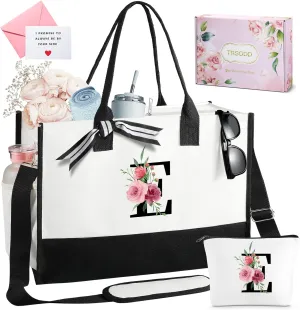 TRSODD Birthday Gifts for Women Mothers Day Gifts for Mom Wife Grandma Daughter Sister Teacher Initial Tote Bag and Makeup Bag