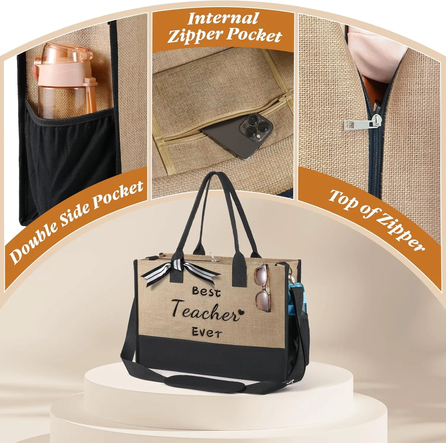TRSODD Mothers Day Gifts for Aunt Personalized Aunt Gifts Jute Embroidered Tote Bag with Adjustable Shoulder Strap and Makeup Bag