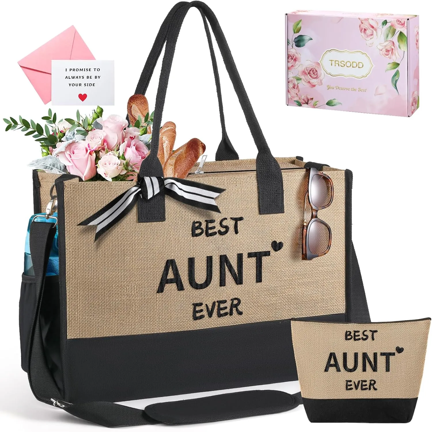TRSODD Mothers Day Gifts for Aunt Personalized Aunt Gifts Jute Embroidered Tote Bag with Adjustable Shoulder Strap and Makeup Bag