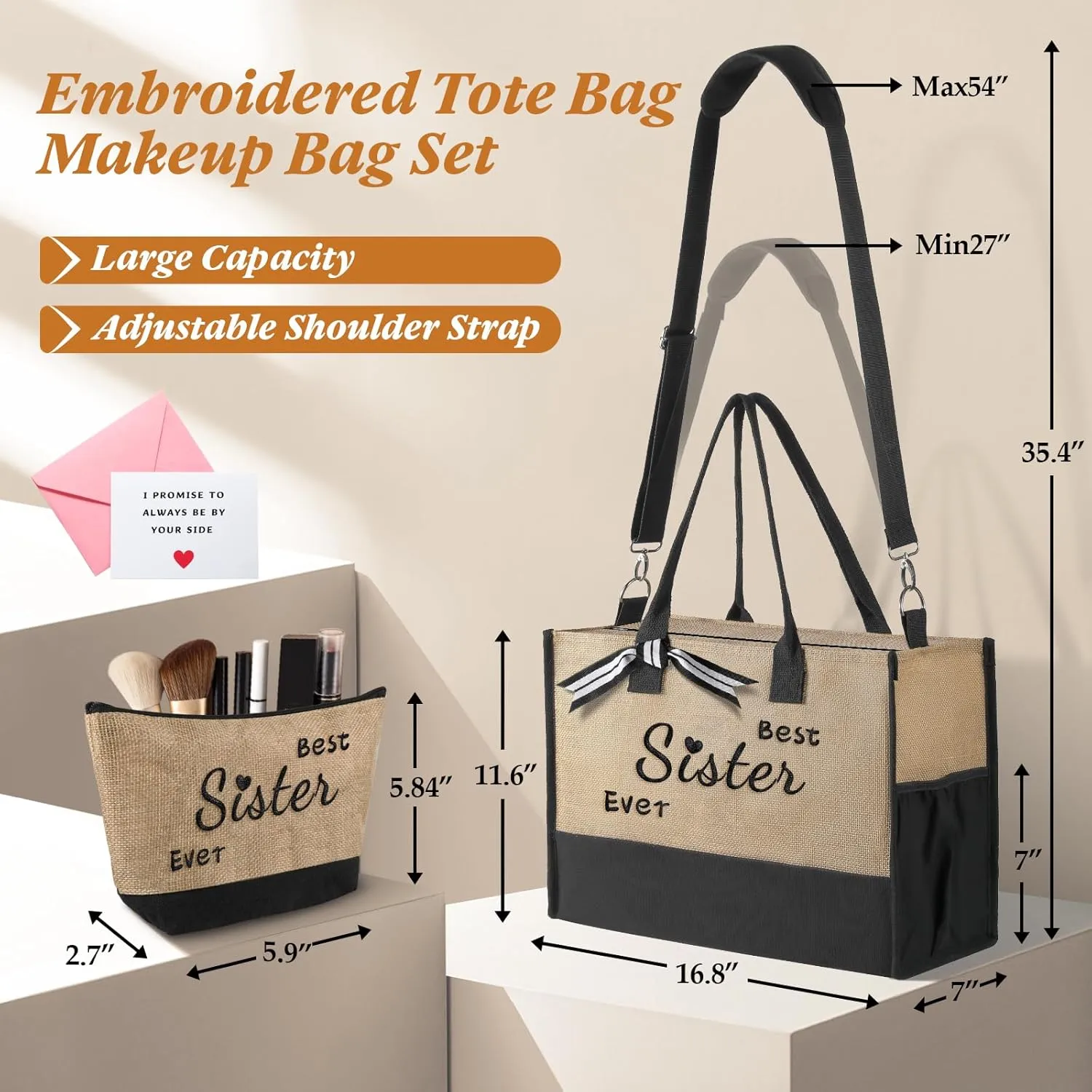 TRSODD Mothers Day Gifts for Aunt Personalized Aunt Gifts Jute Embroidered Tote Bag with Adjustable Shoulder Strap and Makeup Bag