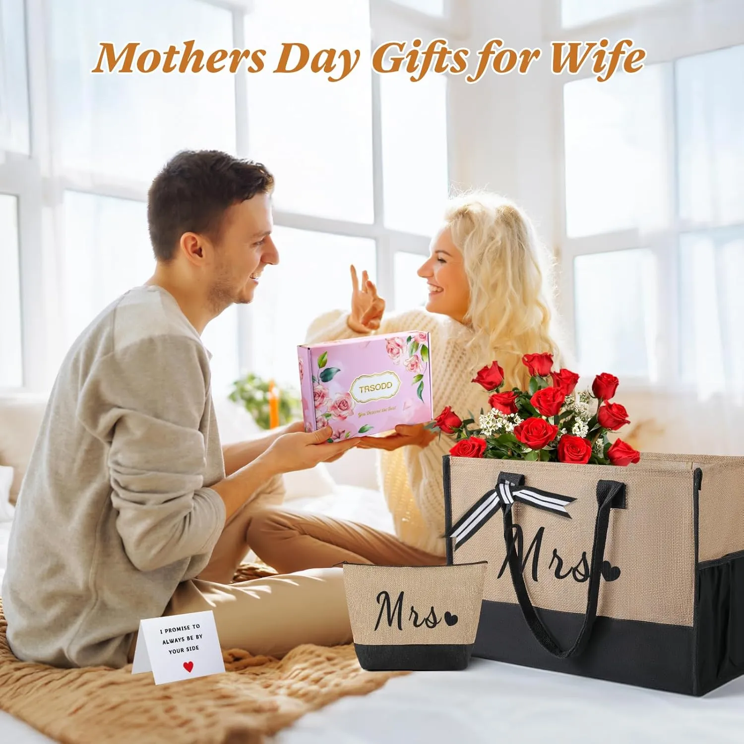 TRSODD Mothers Day Gifts for Aunt Personalized Aunt Gifts Jute Embroidered Tote Bag with Adjustable Shoulder Strap and Makeup Bag