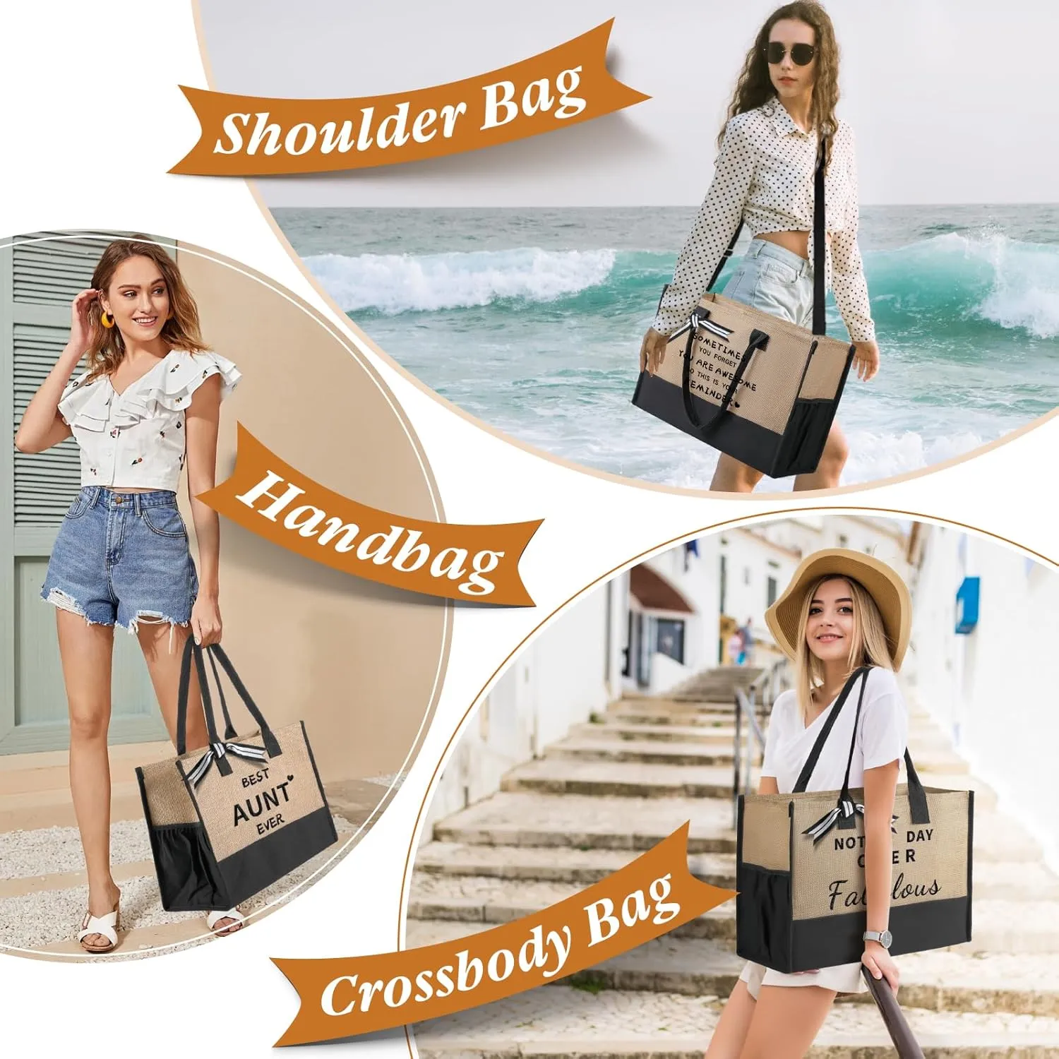 TRSODD Mothers Day Gifts for Aunt Personalized Aunt Gifts Jute Embroidered Tote Bag with Adjustable Shoulder Strap and Makeup Bag
