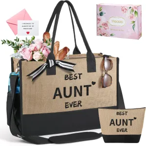 TRSODD Mothers Day Gifts for Aunt Personalized Aunt Gifts Jute Embroidered Tote Bag with Adjustable Shoulder Strap and Makeup Bag