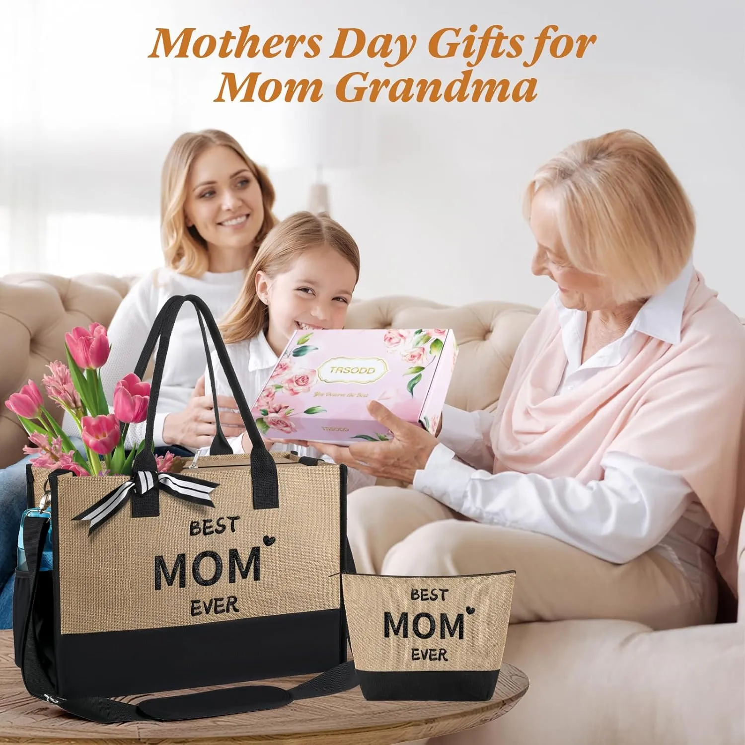 TRSODD Mothers Day Gifts for Aunt Personalized Aunt Gifts Jute Embroidered Tote Bag with Adjustable Shoulder Strap and Makeup Bag
