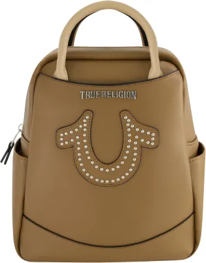True Religion Women's Mini Backpack, Studded Horseshoe Logo Small Travel Bag Purse, Adjustable Shoulder Straps, Brown, 11 Inch