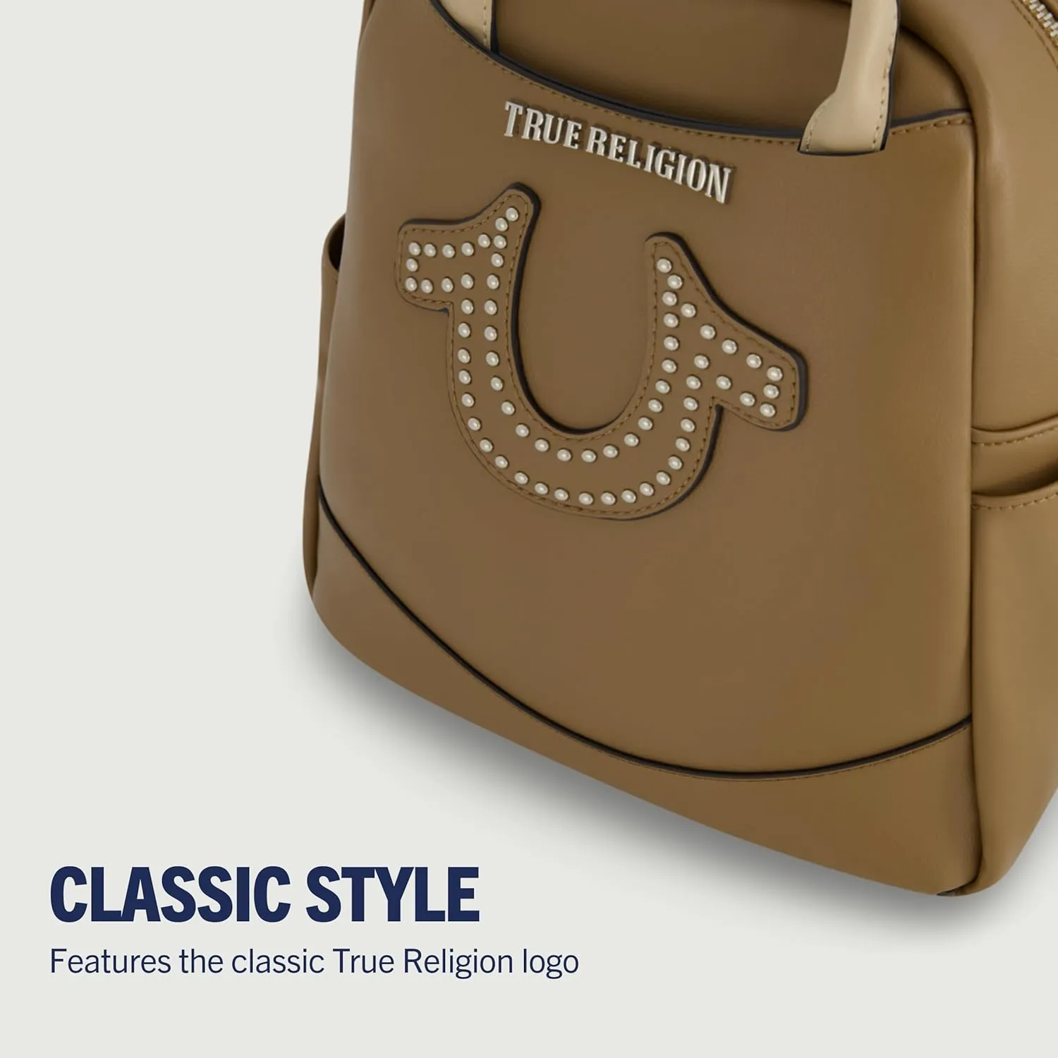 True Religion Women's Mini Backpack, Studded Horseshoe Logo Small Travel Bag Purse, Adjustable Shoulder Straps, Brown, 11 Inch