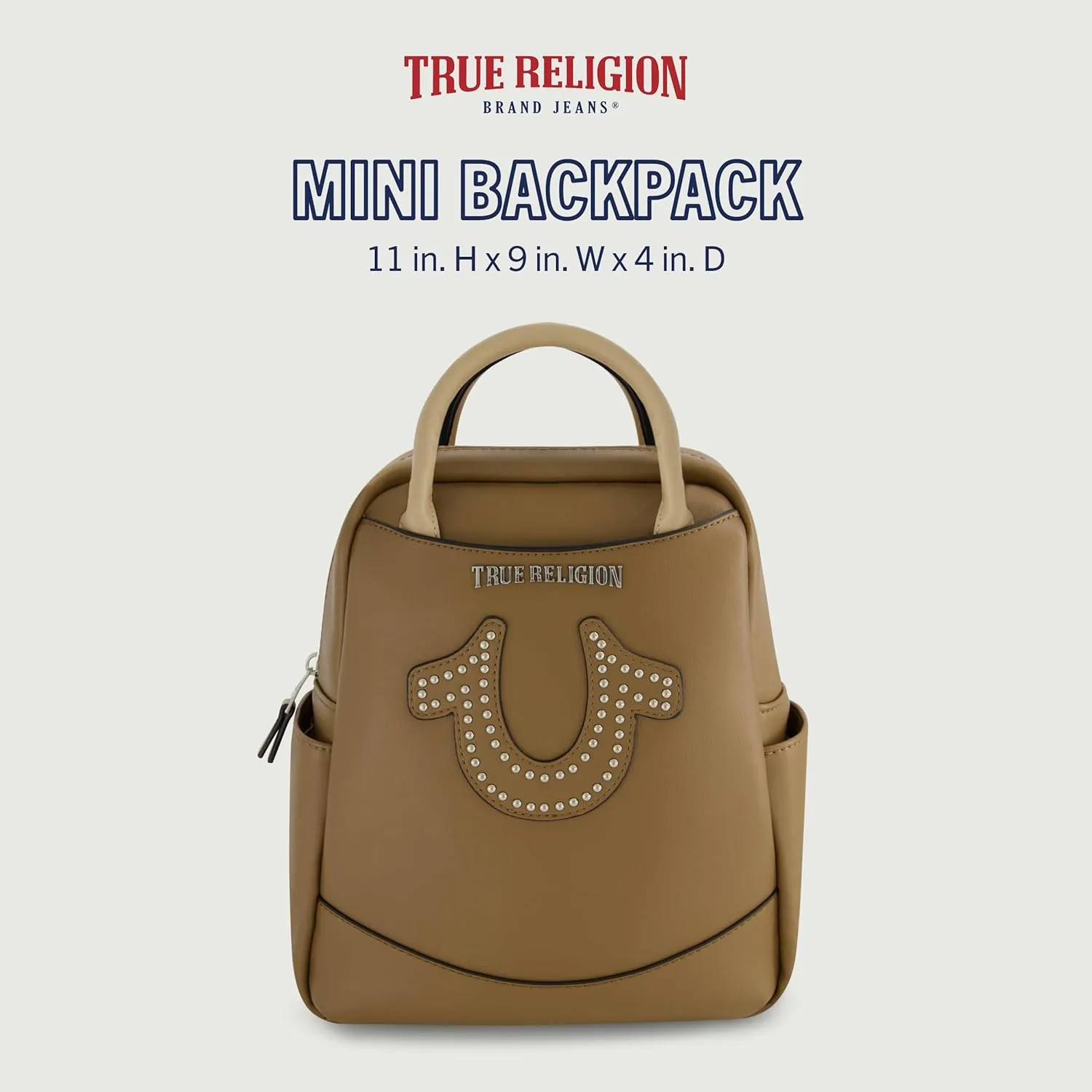True Religion Women's Mini Backpack, Studded Horseshoe Logo Small Travel Bag Purse, Adjustable Shoulder Straps, Brown, 11 Inch