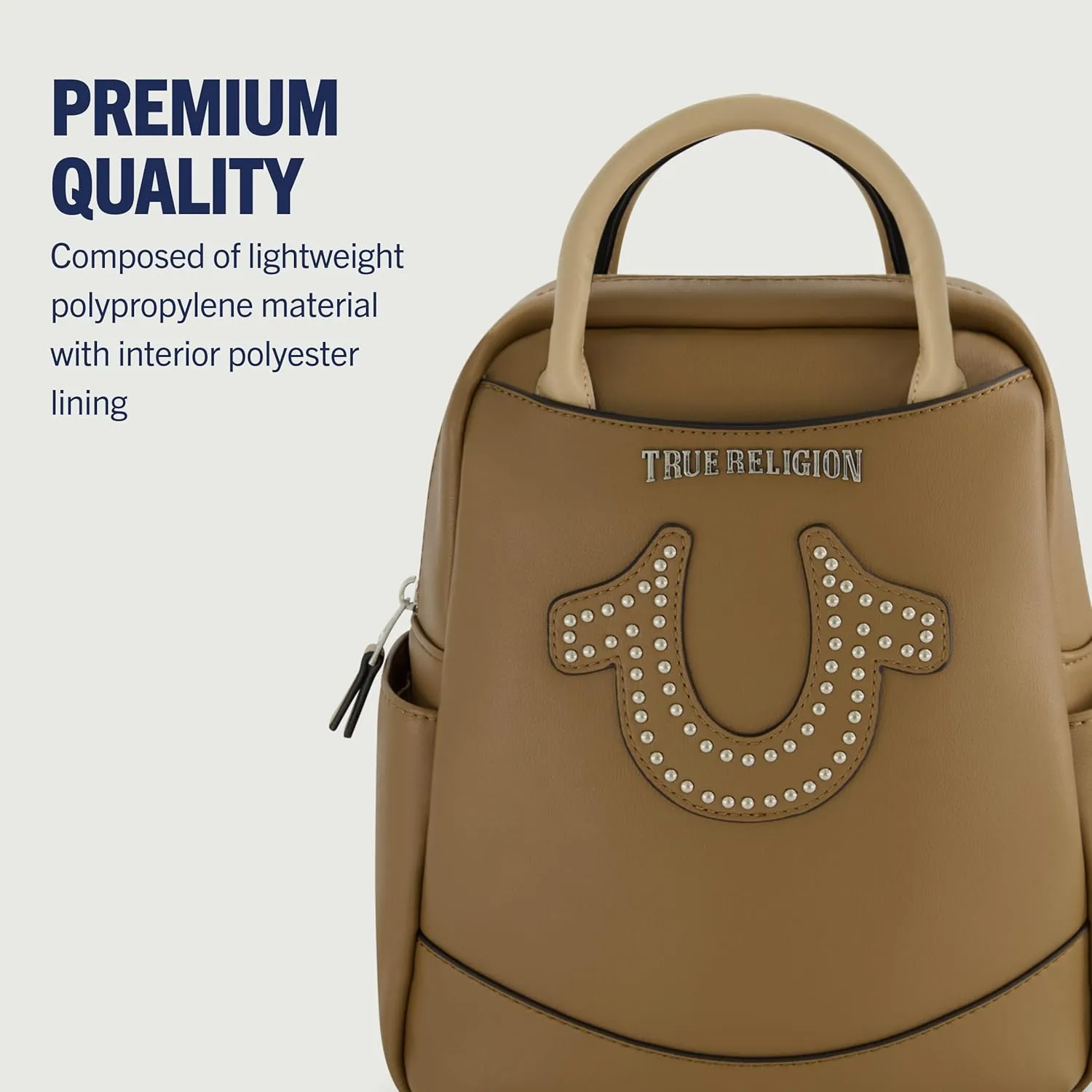 True Religion Women's Mini Backpack, Studded Horseshoe Logo Small Travel Bag Purse, Adjustable Shoulder Straps, Brown, 11 Inch