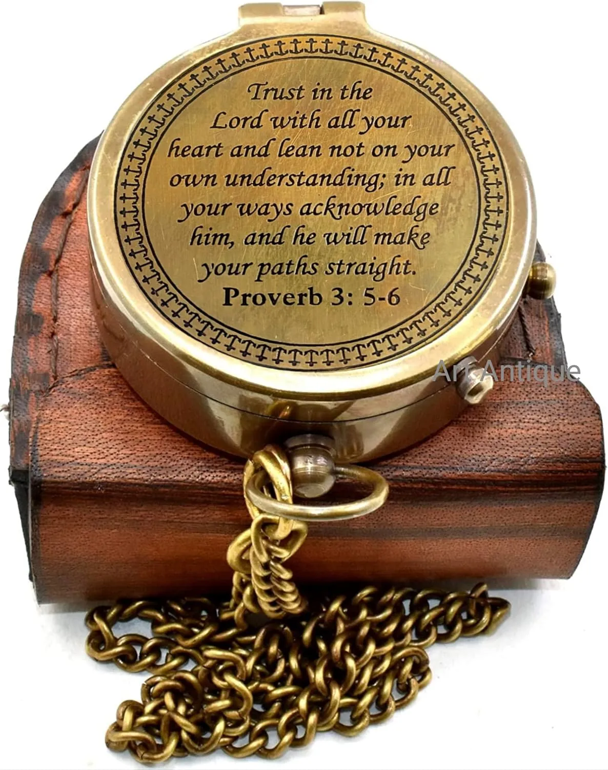 Trust in The Lord Bible Quote- Proverb 3:5-6 Scripture, Religious Inspirational Gift with Chain Pocket Compass with Preamium Leather Case for He/She