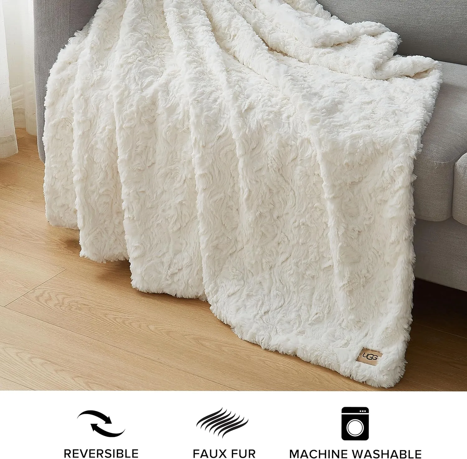 UGG Adalee Faux Fur Throw Blanket Luxury Lightweight Cozy Soft Throw for Couch Bed or Chair Hypoallergenic Machine Washable Double-Sided Fluffy Blanket Home Decor, 50-inch x 70-inch, Natural White