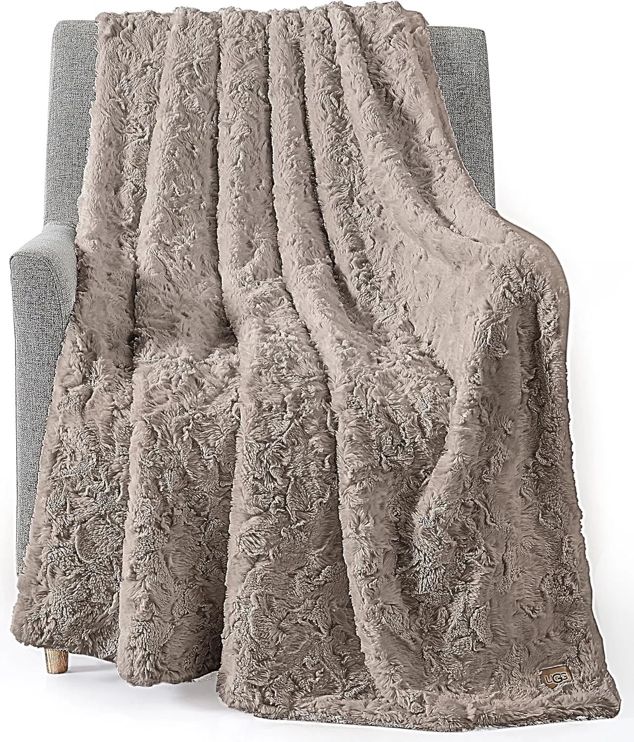 UGG Adalee Faux Fur Throw Blanket Luxury Lightweight Cozy Soft Throw for Couch Bed or Chair Hypoallergenic Machine Washable Double-Sided Fluffy Blanket Home Decor, 50-inch x 70-inch, Oyster Brown